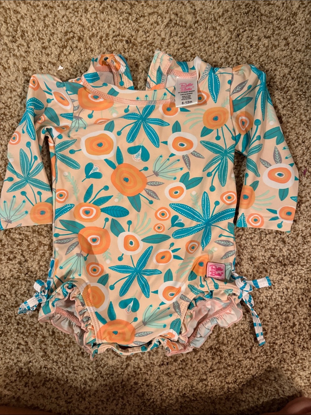 Ruffle Butts Peach & Teal Floral Long Sleeve One-Piece Swimsuit